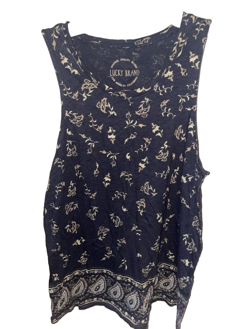 Women’s Lucky Brand Tank Top Floral Paisley Boho Style Sz M Black And Gold